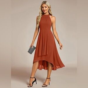 🆕 Midi Halter Neck Chiffon Wedding Guest Dress with Sleeveless and A-Line